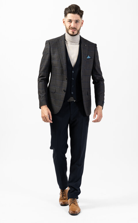 Hnědo-modrý kostkovaný pánský oblek Slim Fit s vestou, model Oscar