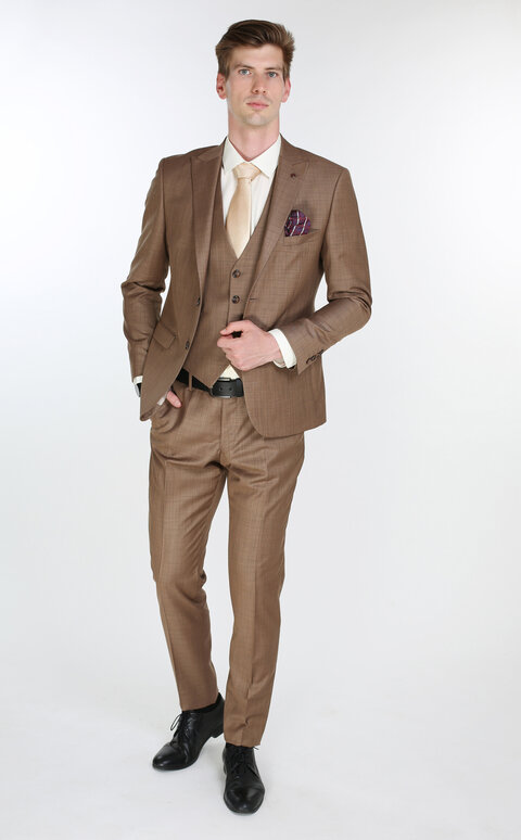 Hnědý pánský oblek Slim Fit s vestou, model Benedict