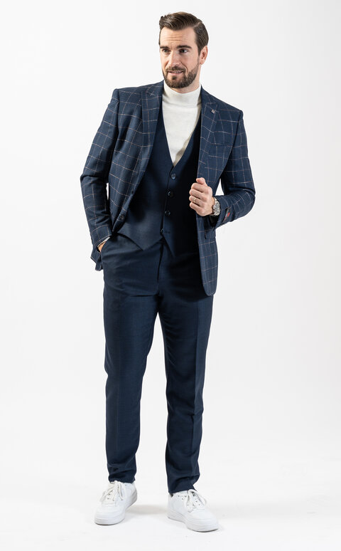 Modrý kostkovaný pánský oblek Slim Fit s vestou, model Calvin