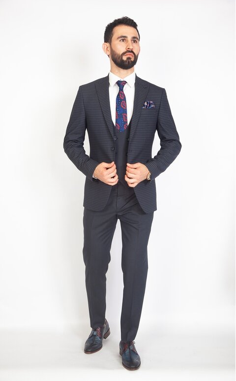 Modrý pánský oblek s vestou Slim Fit, model Alan