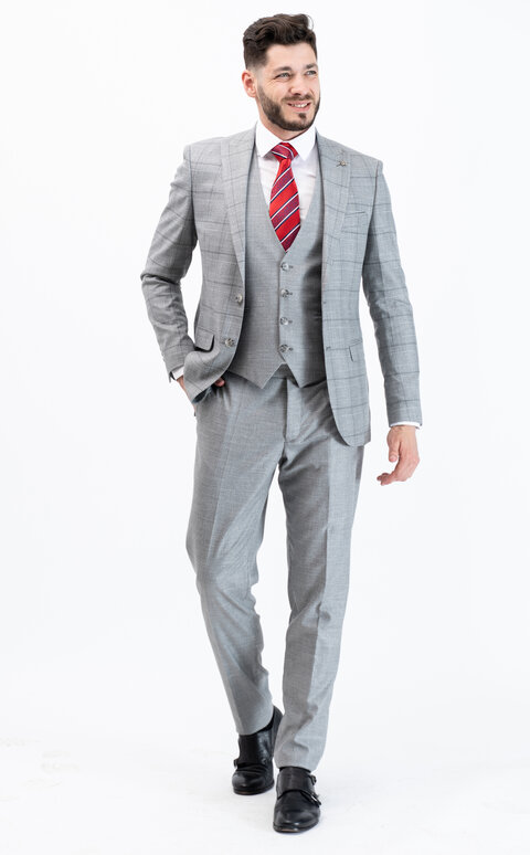 Šedý kostkovaný pánský oblek Slim Fit s vestou, model David