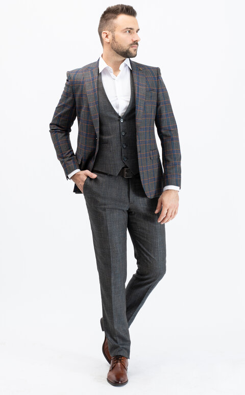 Tmavě šedý kostkovaný pánský oblek Slim Fit s vestou, model Sherlock
