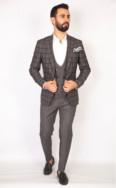 Trojdílný kostkovaný šedý pánský oblek Slim Fit, model Victor