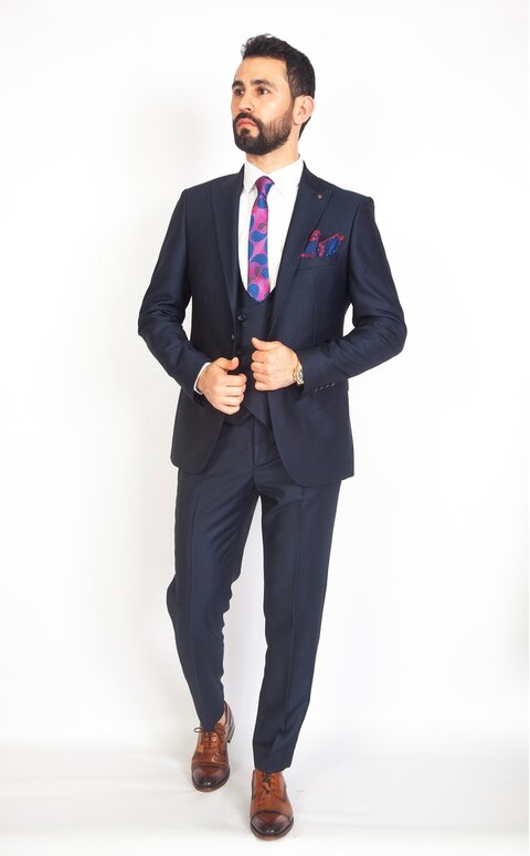 Trojdílný modrý pánský oblek Slim Fit, model Christian
