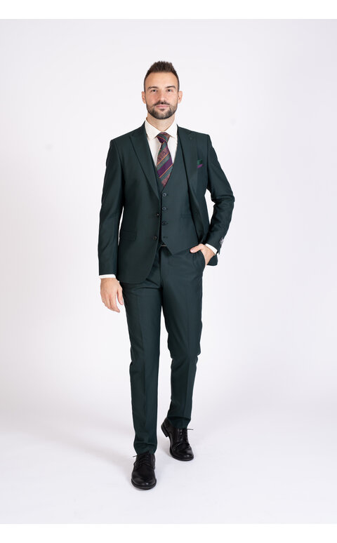 Zelený pánský oblek bez vzoru Slim Fit s vestou, model Patrick