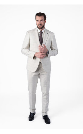 Béžový duhově kostkovaný pánský oblek Slim Fit s vestou, model Simon