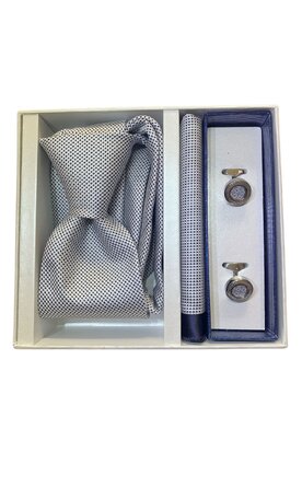 Dárkový set kravata, kapesník a manžetové knoflíčky - bílá se vzorem