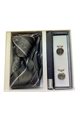 Dárkový set kravata, kapesník a manžetové knoflíčky - černobílá