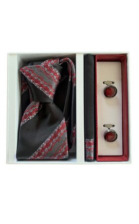 Dárkový set kravata, kapesník a manžetové knoflíčky - černošedá s červenými detaily