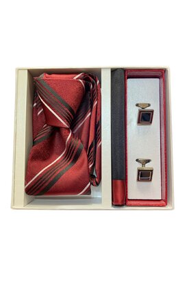 Dárkový set kravata, kapesník a manžetové knoflíčky - červená s černými a bílými detaily
