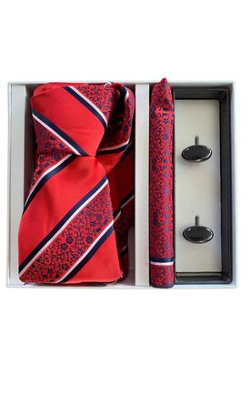 Dárkový set kravata, kapesník a manžetové knoflíčky - červená s modrými a bílými detaily