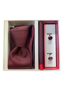 Dárkový set kravata, kapesník a manžetové knoflíčky - červená se vzorem