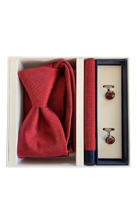 Dárkový set kravata, kapesník a manžetové knoflíčky - červená