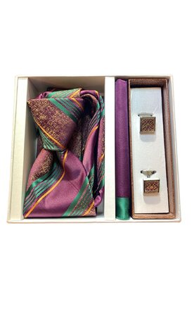 Dárkový set kravata, kapesník a manžetové knoflíčky - fialová se zelenými a zlatými detaily