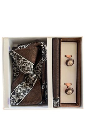 Dárkový set kravata, kapesník a manžetové knoflíčky - hnědá s černými a bílými detaily