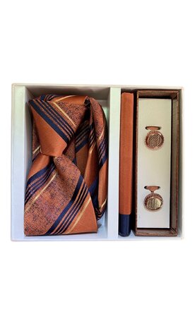 Dárkový set kravata, kapesník a manžetové knoflíčky - hnědá s modrými a zlatými detaily