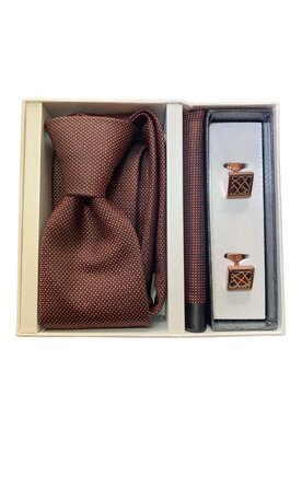 Dárkový set kravata, kapesník a manžetové knoflíčky - hnědá se vzorem
