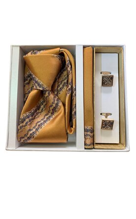 Dárkový set kravata, kapesník a manžetové knoflíčky - hořčicová žlutá