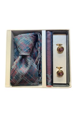 Dárkový set kravata, kapesník a manžetové knoflíčky - modrofialová se vzorem