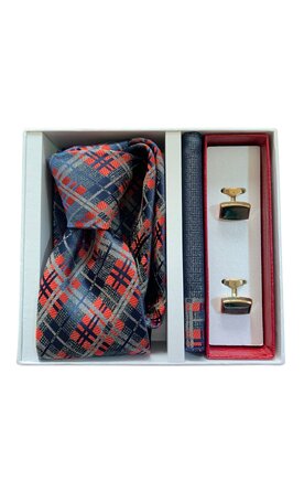 Dárkový set kravata, kapesník a manžetové knoflíčky - modrošedá s červenými detaily