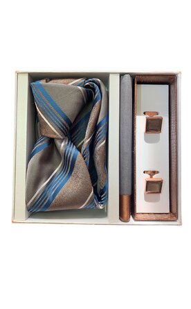 Dárkový set kravata, kapesník a manžetové knoflíčky - šedá s modrými a bílými detaily