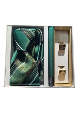 Dárkový set kravata, kapesník a manžetové knoflíčky - zelená s černými a bílými detaily