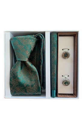 Dárkový set kravata, kapesník a manžetové knoflíčky - zelená se vzorem