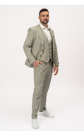 Lněný světle zelený pánský oblek s pruhy Slim Fit s vestou, model Felix