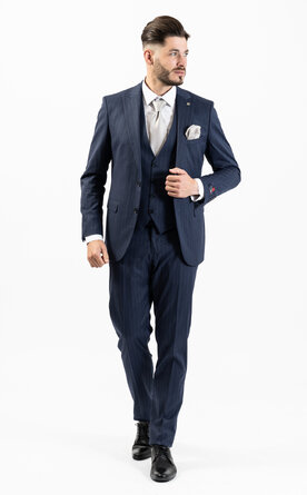 Modrý pruhovaný pánský oblek Slim Fit s vestou, model Enzo