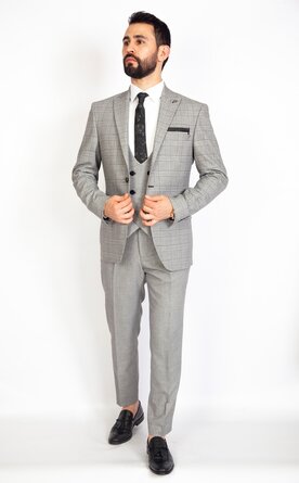 Šedý pánský oblek s vestou Slim Fit, model Adam