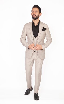 Trojdílný kostkovaný béžový pánský oblek Slim Fit, model Steven