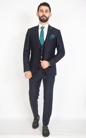 Trojdílný pánský tmavě modrý oblek Slim Fit, model Luigi