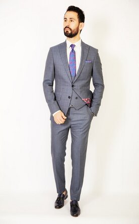 Trojdílný šedo-modrý pánský oblek Slim Fit, model Paul