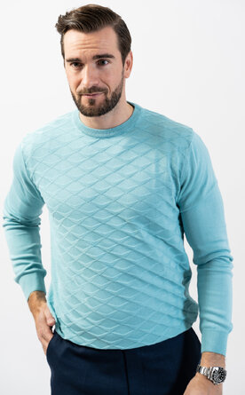 Tyrkysově modrý pánský svetr se vzorem